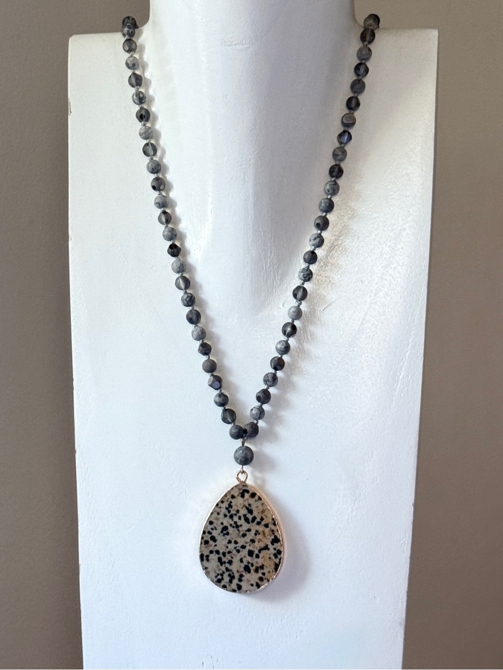 Dalmatian Jasper Teardrop Pendant Beaded Hand Knotted Statement Necklace